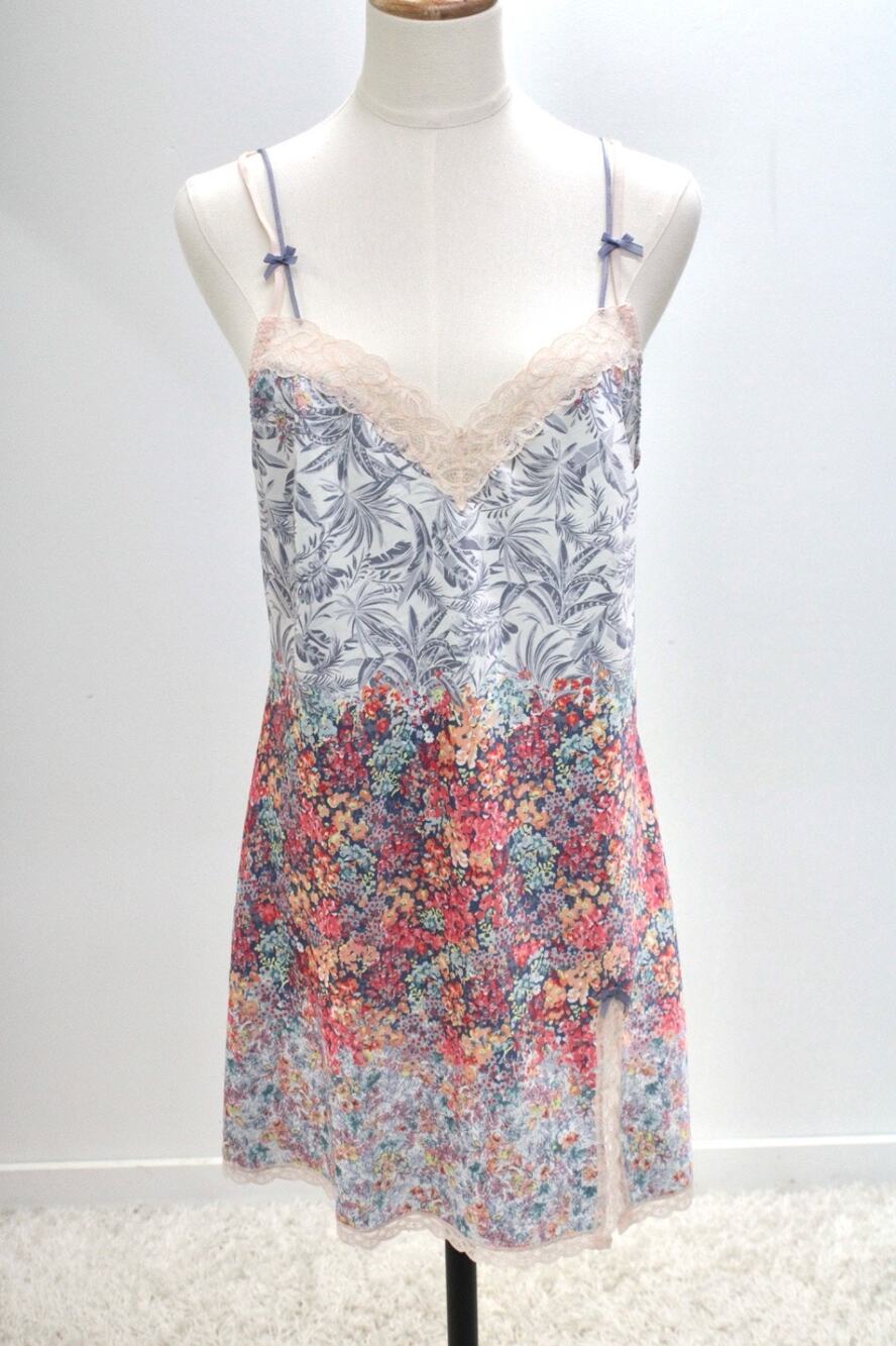 Victoria's Secret Blue Pink Floral Nightie M Soft Satin Babydoll Slip Dress